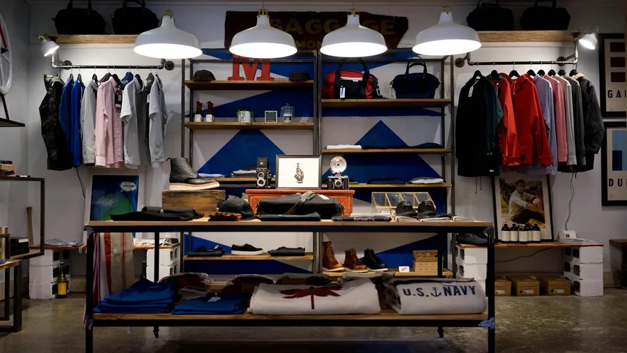 Modern fashion retail storefront with curated clothing displays