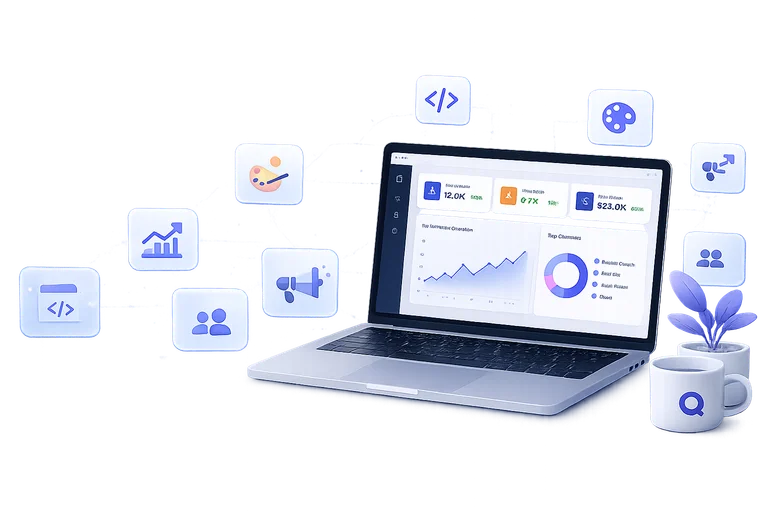 Isometric illustration of digital growth, analytics dashboard, and business services